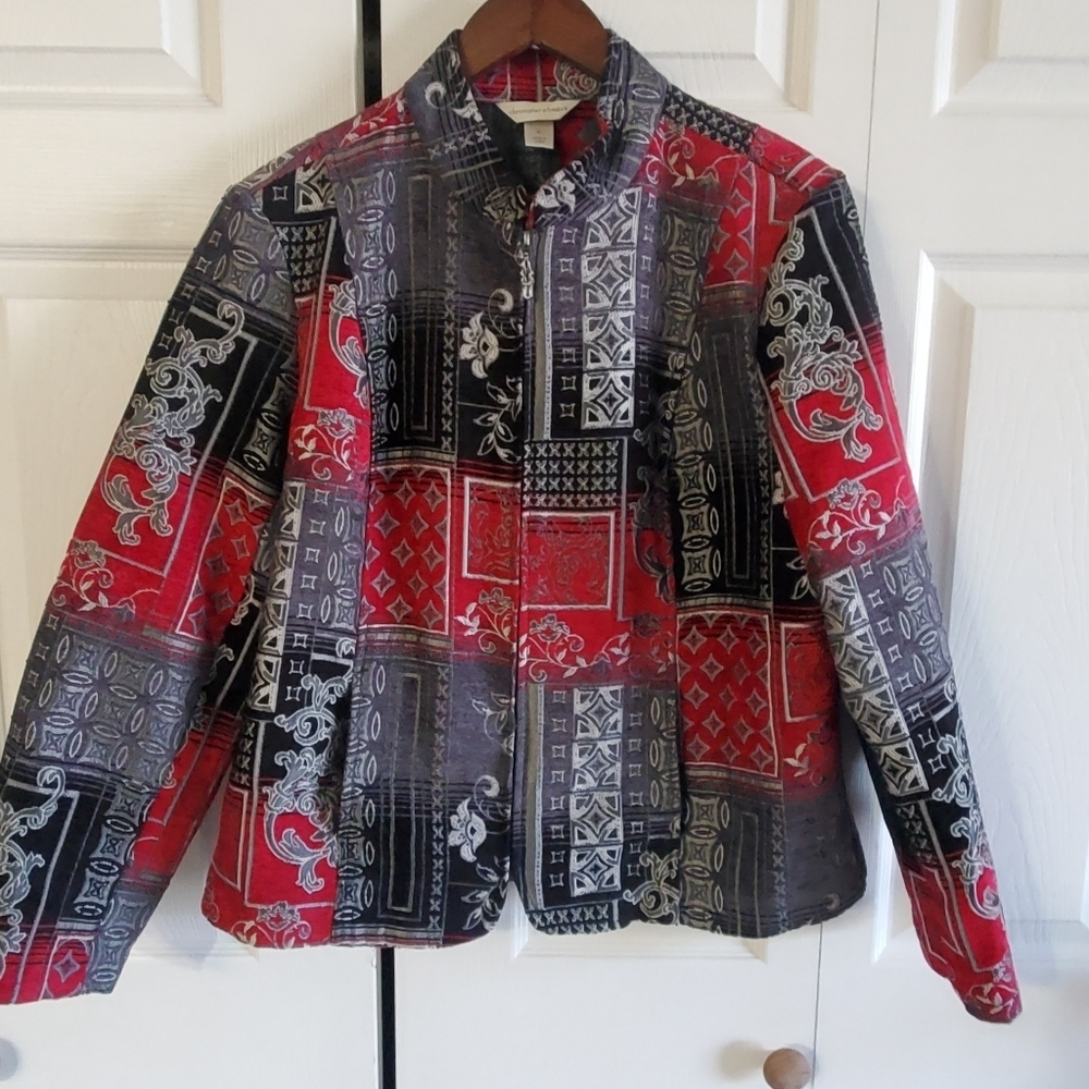 Christopher & Banks Xl TAPESTRY FULL ZIP. JACKET. GRAY BLACK RED Grandma